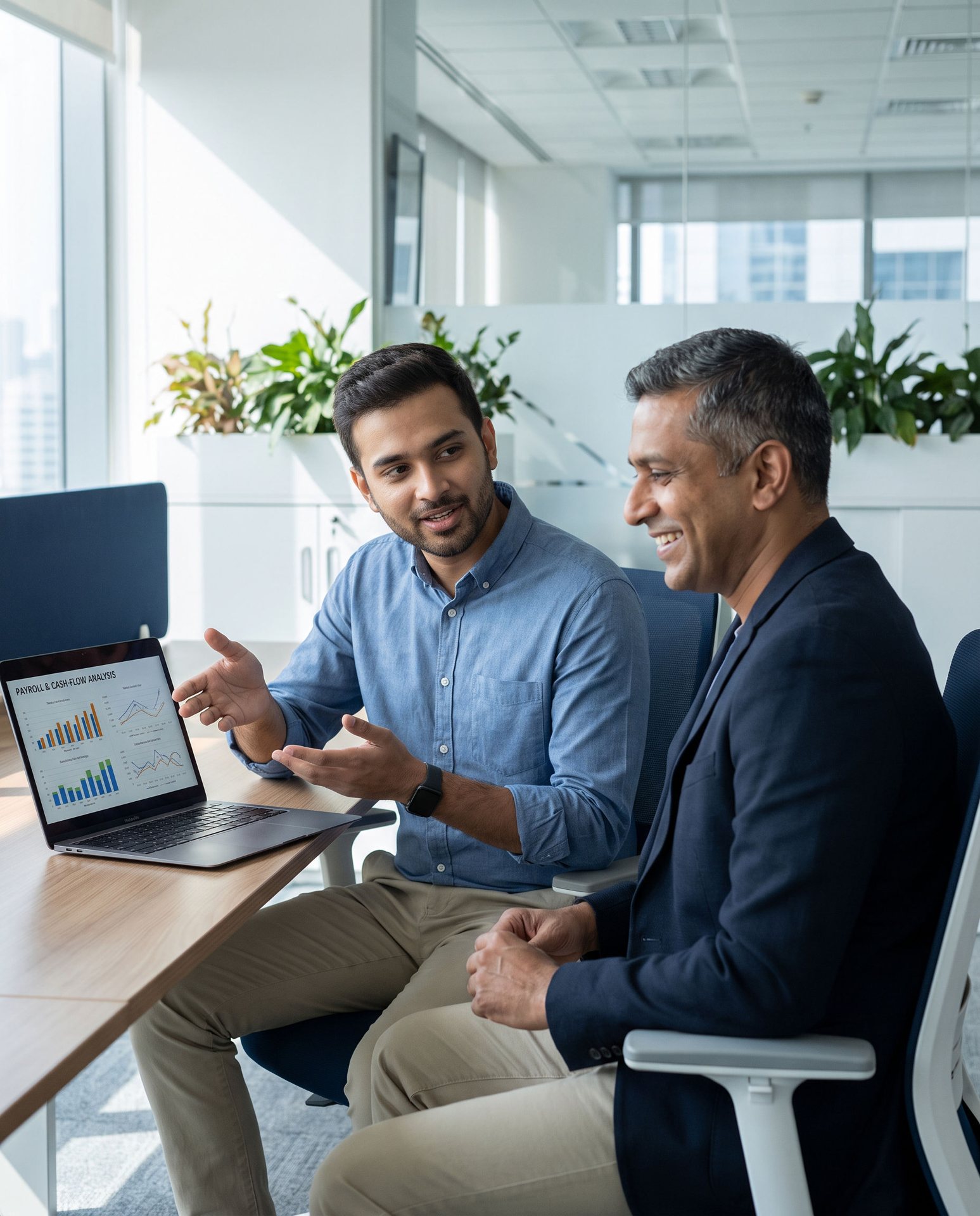 Two Elite Solution accountants reviewing cash-flow charts on a laptop