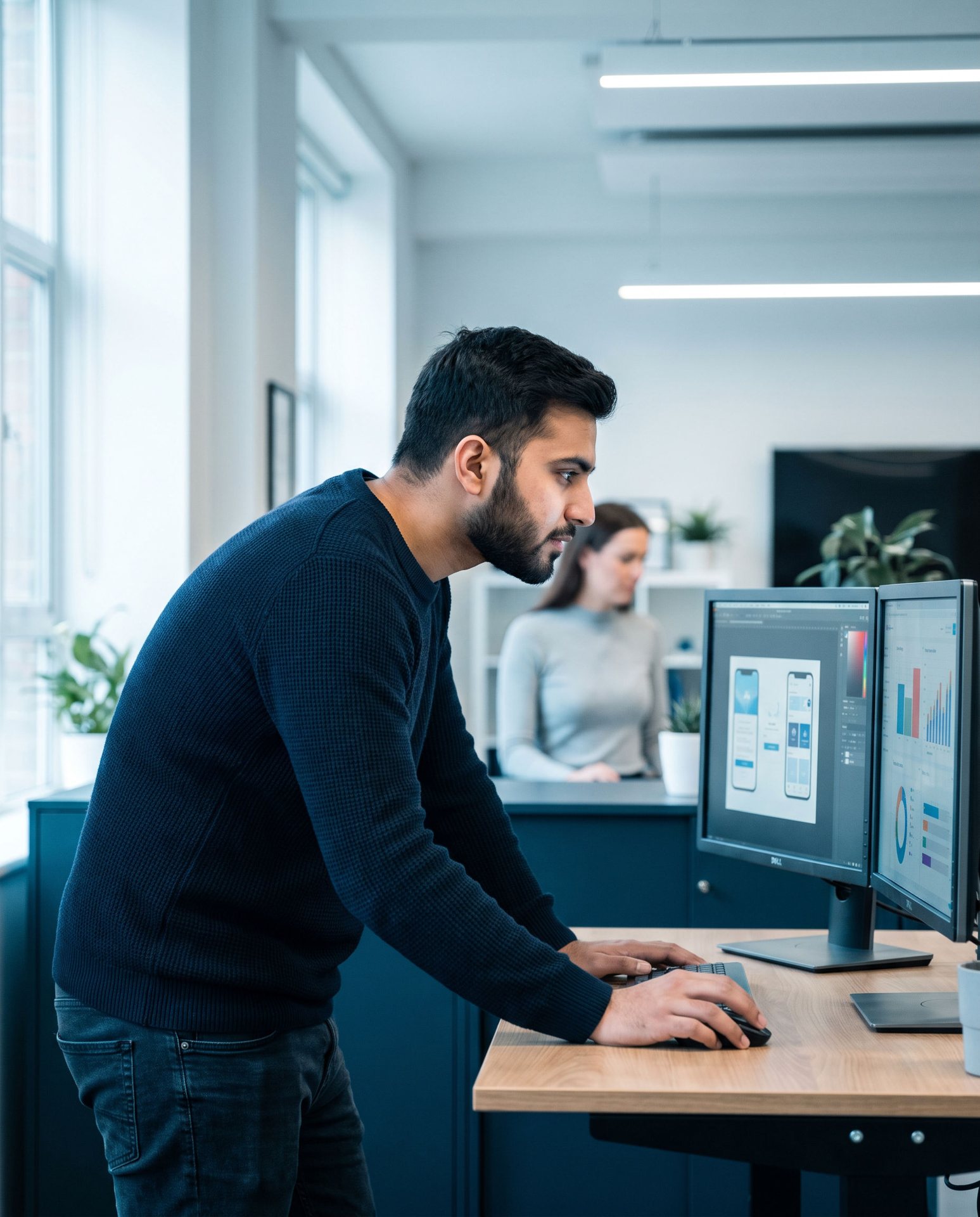 An Elite Solution web designer working on a website layout and SEO analytics across two monitors