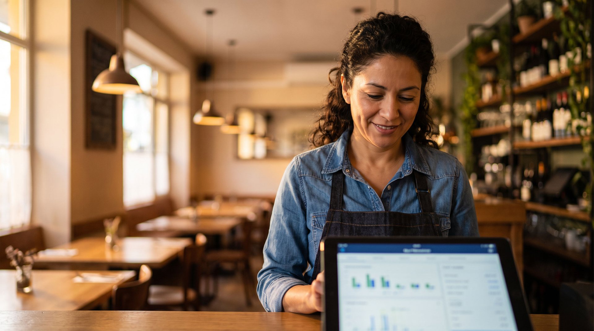 A restaurant owner reviewing sales and expenses on a tablet after service